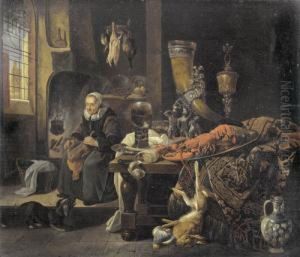 Kucheninterieur Mit Reich Gedecktem Tisch Und Bauerin