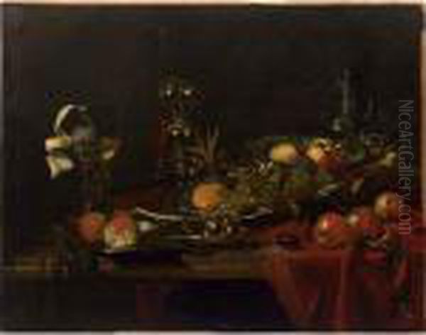 A Sumptuous Still Life Of Peaches On A
Kraak
Porcelain Dish,apples, A Mandarin On A Silver Dish And Three Apricots On A
Puntschotel,
With A Roemer, A Silver Gilt Goblet And An Earthenware Jug, All On A Marble Table, Draped With A Red Cloth - view 1