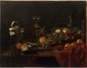 A Sumptuous Still Life Of Peaches On A 
Kraak
 Porcelain Dish,apples, A Mandarin On A Silver Dish And Three Apricots On A 
Puntschotel,
 With A Roemer, A Silver Gilt Goblet And An Earthenware Jug, All On A Marble Table, Draped With A Red Cloth