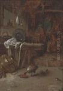 A Kitchen Interior With A Couple By A Fire by Willem Kalf