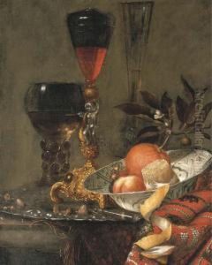 A Wanli Kraak Porselein Bowl, A
Peeled Lemon, An Orange Withblossom, A Peach, Wild Strawberries, Two
Facon-de-venises, And Aroemer Of White Wine Standing On An Auricular
Chased Silverplatter, All On A Partially Draped Stone Ledge by Willem Kalf