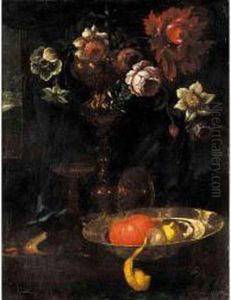 A Still Life Of A Peeled Lemon, 
An Orange, And Flowers In A Silver Gilt Cup Together On A Table by Willem Kalf