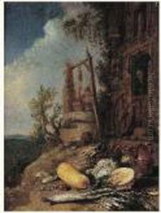 Cour De Ferme Avec Nature Morte De Legumes by Willem Kalf