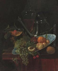Fruit In A Kraak Dish With A Pewter Ewer And Two Glasses On Apartially Draped Table by Willem Kalf