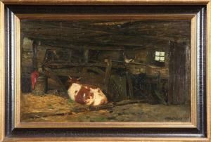 Ladugardsinterior Med Ko Och Hons, Signerad Och Daterad Kallenberg 1877 by Anders Kallenberg