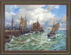 Heimkehrende Fischer An Der 
Kaimauer Mit Zahlreichen Wartenden Personen Bei Aufziehendem Gewitter by Friedrich Kallmorgen