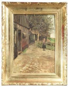 Young Countrywoman In The
Courtyard Behind A Homestead. Oil/canvas/cardboard, Verso Inscribed And
Dated by Friedrich Kallmorgen