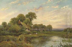 A figure before a pool, a cottage beyond by Walter Wallor Caffyn