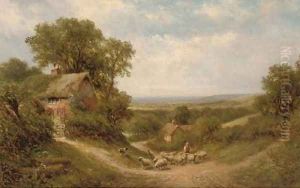 A drover and his flock on a Surrey lane by Walter Wallor Caffyn
