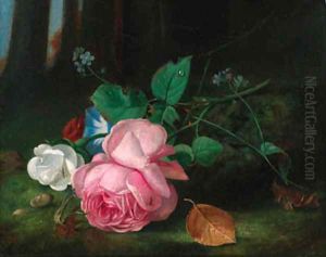 Roses with convolvuli and a sprig of forget-me-nots on a mossy bank by Arthur Chaplin
