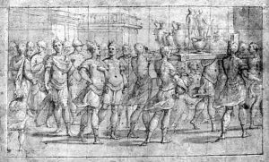 A classical Procession with Dignitaries and Soldiers carrying a Litter of Trophies by Bernardo Castello