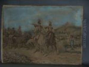 The Farewell, With Figures On
Horseback In Traditional Dress And Horse And Cart With Musicians by Anton Kaminski