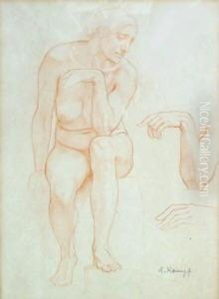 Sitzender Weiblicher Akt Mit Zwei Hand- Und Armstudien - view 1