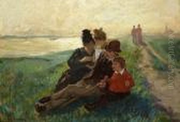 Rastende Familie Auf Dem Deich Am
Flussufer. - view 1