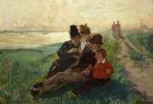 Rastende Familie Auf Dem Deich Am
 Flussufer.