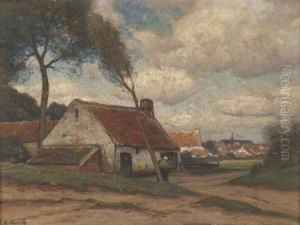 Dorfansicht Mit Bauerin by Eugen Kampf