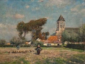 Bauerinnen Auf Dem Feld Vor Angrenzendem Dorf