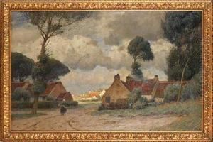Dorfstrase Mit Heimkehrender Bauerin Vor Dem Gewitter by Eugen Kampf