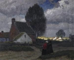 Two Ladies On The Village Street
In A Flemish Village. Tempest Mood. Signed Bottom Right: E. Kampf by Eugen Kampf