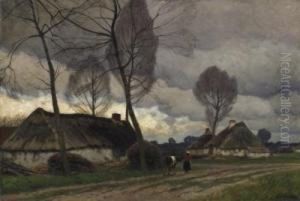 Reed-covered Farmers' Cottage In Dusk.
