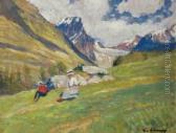 Landschaft Im Unterengadin Mit
Rastenden Wanderern. - view 1