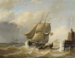 A Tallship On Choppy Water By A Lighthouse
