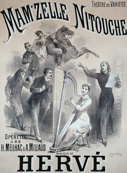 Poster advertising the production of 'Mam'zelle Nitouche', an operetta written by Meilhac and Millaud with music by Herve (1826-92), at the Theatre des Varietes, Paris, 1883 - view 1