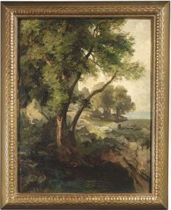 Rocky Landscape With Trees At A Shoreline. Oil/cardboard/cardboard, Signed