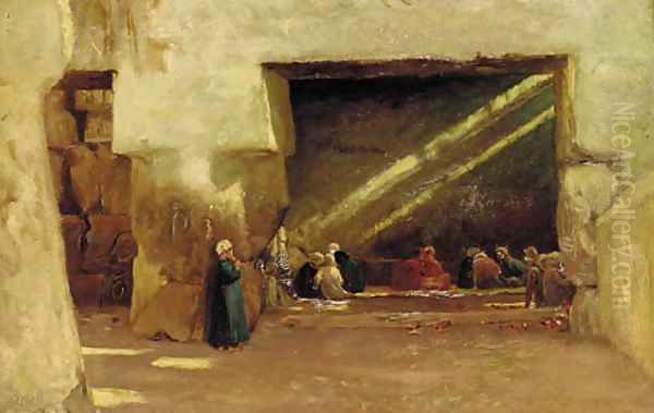 Arabs resting in a shaded interior - view 1