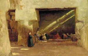 Arabs resting in a shaded interior