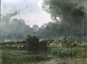 Hamlet at the edge of a pond, 1849 by Eugene Ciceri
