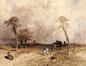 A Team Of Horses Pulling A Cart On A Path by Eugene Ciceri