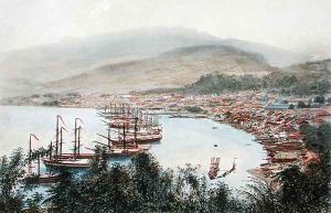 View of Saint-Pierre seen from the gun battery at Sainte-Marthe, Martinique by Eugene Ciceri