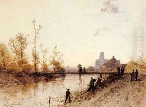 Fishing On The Banks Of A River by Eugene Ciceri