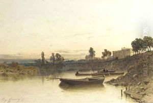 Boats on the river, a house on the riverbank beyond by Eugene Ciceri