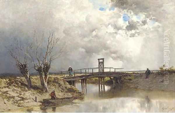 Figures by a wooden bridge - view 1