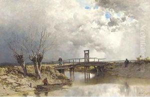 Figures by a wooden bridge by Eugene Ciceri