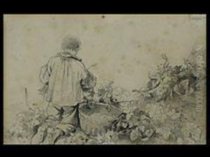 Bauernjunge Bei Der Ernte Im Feld Zwischen Blattern Und Einemkorb Kniend by Albert Kappis