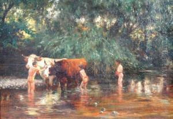 Washing Cattle In The River In India - view 1