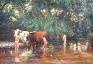 Washing Cattle In The River In India by Carl Friedrich Kappstein
