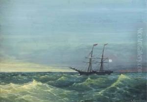 A Russian Merchant Brig In Rough Seas by Grigorij Kapustin