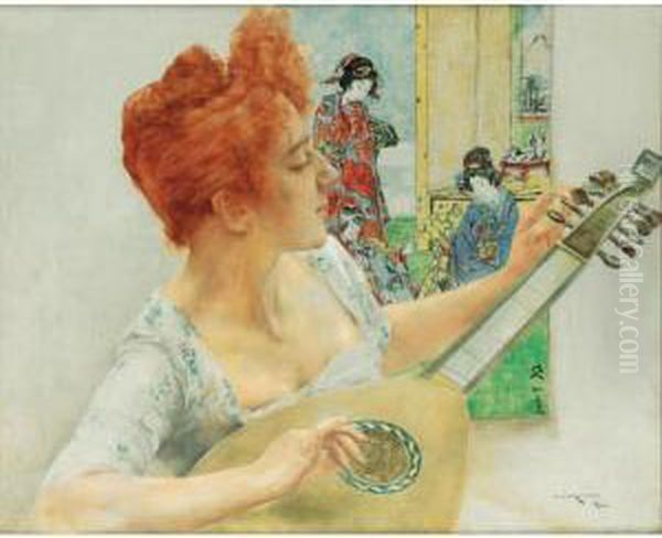 Joueuse De Mandoline A L'estampe
 Japonaise [, Mandolin Player With Japanese Print; Oil On Canvas, Signed
 And Located Paris.] - view 1