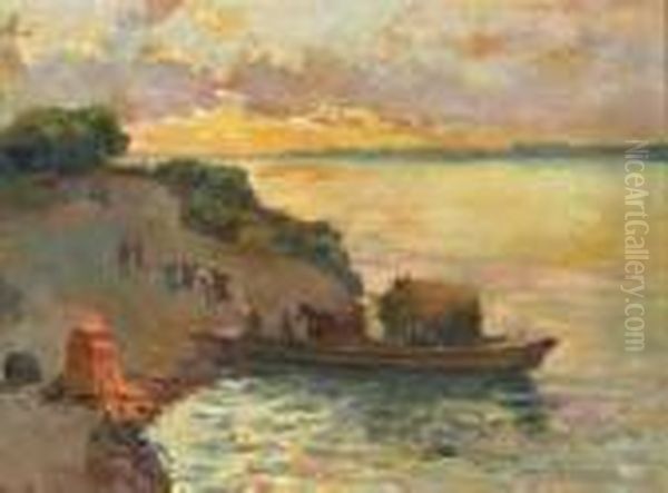 Sunset Coast With Figures Disembarking A Barge - view 1