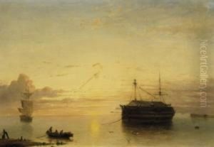 Two Ships In The Port Entrance. Calm Evening Mood. Signed Lower Left: K. Karsen by Kasparus Karsen
