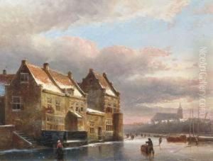 Figures On A Frozen City Canal At Dusk by Kasparus Karsen