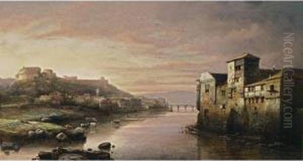 A Town View With Cows Wading In A River - view 1