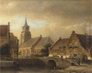 Figures Crossing A Bridge In A Dutch Town