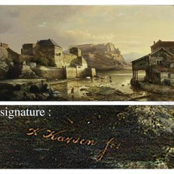 A Town View With Cows Wading In A River - view 1