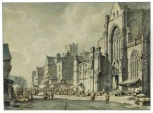 View Of A Town With A Market Near A Church by Kasparus Karsen