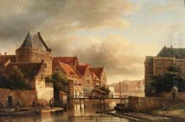 A View In A Town With Figures Along A River - view 1